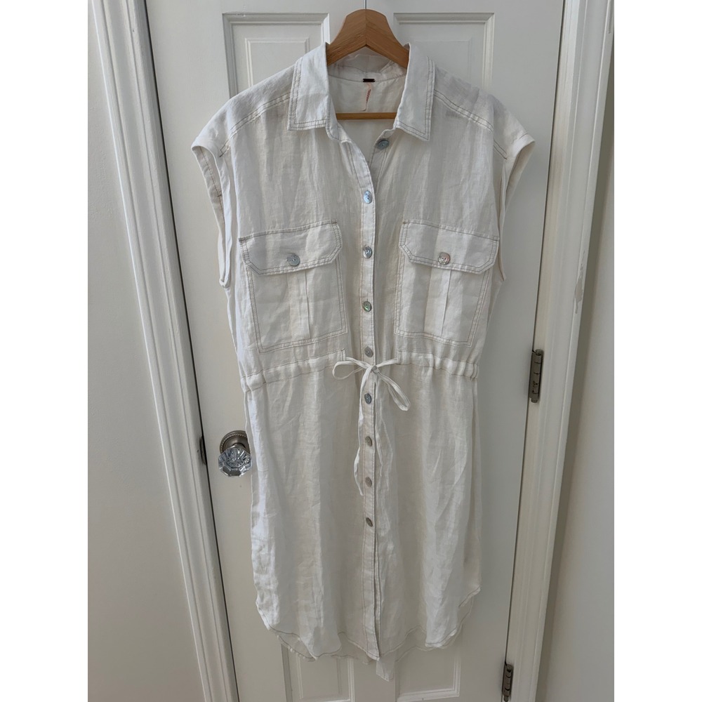 Free People Linen Drawstring‎ Shirt Dress White Medium Coastal Boho